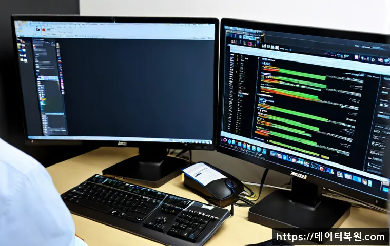 신공덕동 POOL_CORRUPTION_IN_FILE_AREA - Photorealistic IT support workstation in a compact Mapo office near Gongdeok, dual monitors showing ...