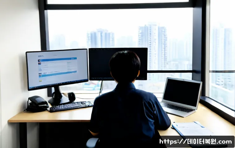 상계동 STATUS_FILE_INVALID - Photorealistic remote-support workstation in a compact Sanggye-dong apartment office, dual monitors ...