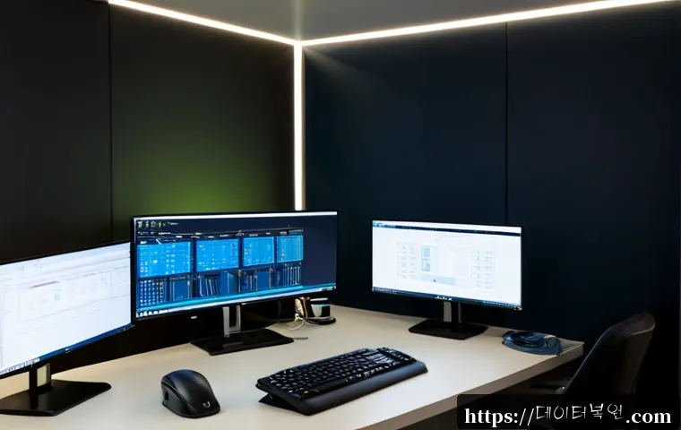 장안동 SESSION5_INITIALIZATION_FAILED - Photorealistic IT support workstation in a compact Jangandong office, dual monitors showing a clean ...