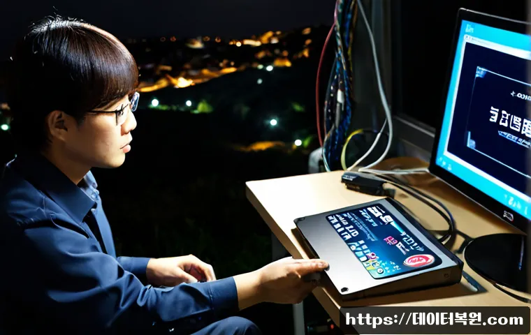 신영동 FAT_FILE_SYSTEM - Photorealistic IT support workstation in a compact office near a quiet hillside neighborhood, techni...