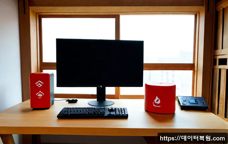 누하동 STATUS_KERNEL_DISK_ERROR - Photorealistic compact workstation in a Nuha-dong hanok-inspired studio, dual monitors showing a bla...