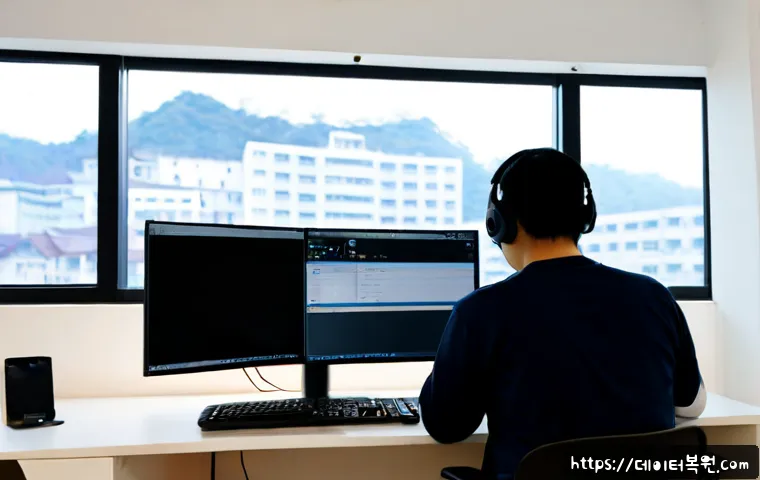 효창동 STATUS_IMAGE_ACCESS_DENIED - Photorealistic remote-support specialist at a clean dual-monitor workstation in a compact Hyochang-d...