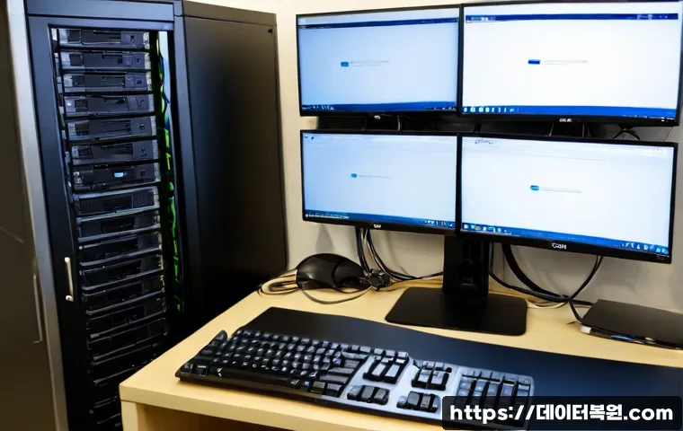 천연동 centos재설치 포맷  초기화 - Photorealistic IT support workstation in a compact Cheonyeon-dong office, dual monitors showing a cl...