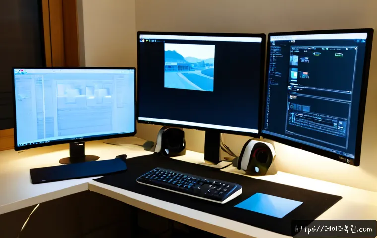 행운동 STATUS_INSTRUCTION_FAILED - Photorealistic remote-support workstation in a compact hillside apartment office, dual monitors show...