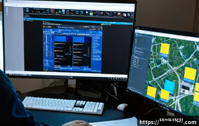 중화동 STATUS_KERNEL_MODE_EXCEPTION - Photorealistic IT support workstation in a compact apartment office, dual monitors showing abstract ...
