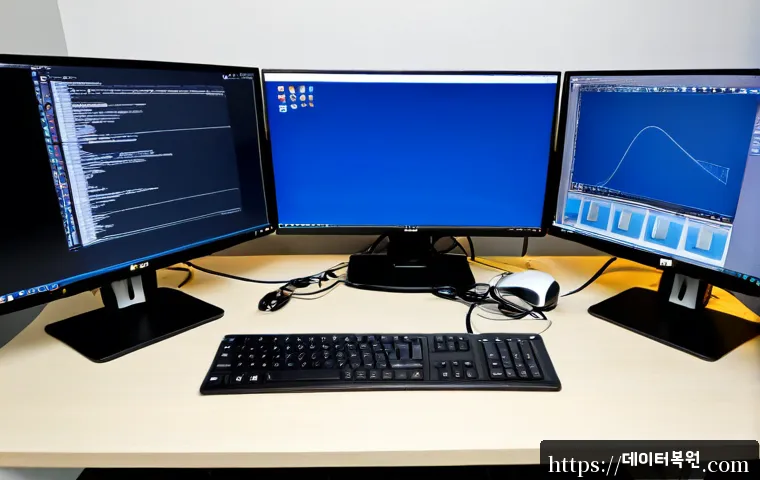 용산구 STATUS_ACCESS_VIOLATION - Photorealistic IT support workstation in Yongsan-gu, Seoul, dual monitors showing a blank frozen 3D ...