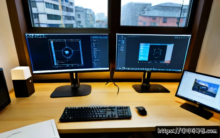 용두동 THREAD_TERMINATION_PORT - Photorealistic remote-support workstation in a compact Yongdu-dong office, dual monitors showing a c...