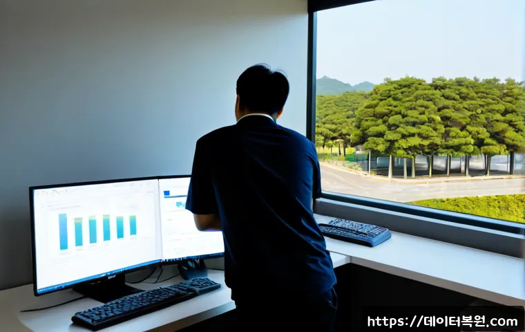 세종로 악성코드 바이러스 - Photorealistic cybersecurity support workstation in a modern office near Sejong-ro, dual monitors sh...