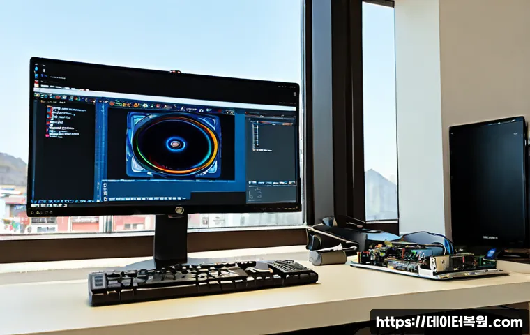 방화동 STATUS_KERNEL_MODULE_FAILURE - Photorealistic IT support workstation in a compact Banghwa-dong apartment office, dual monitors show...