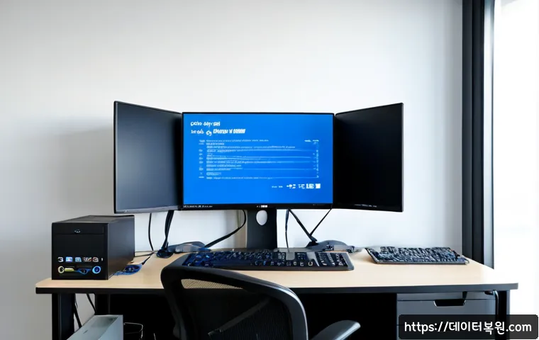 조원동 CRITICAL_PROCESS_DIED - Photorealistic IT support workstation in a compact Suwon apartment office, dual monitors showing a b...