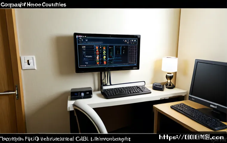 남학동 신호없음 - Photorealistic compact Korean home office, desktop workstation showing a blank disconnected network ...