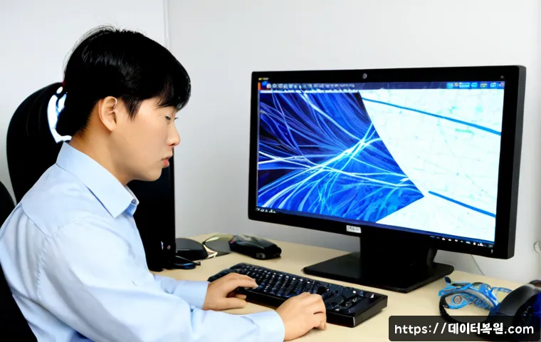 서강동 MACHINE_CHECK_EXCEPTION - Photorealistic remote-support workstation in a compact Seogang-dong office, desktop monitor showing ...