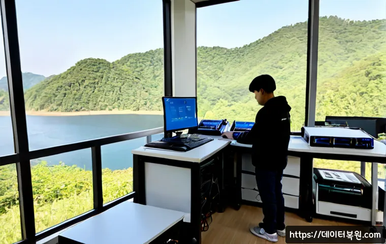 가평군 파일서버출장방문수리점 - Photorealistic onsite file server repair in a quiet Gapyeong County lakeside design studio, technici...