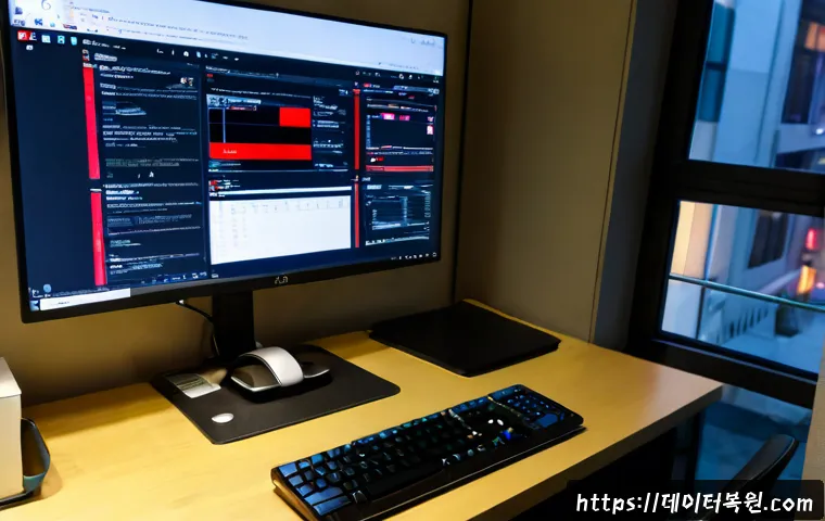 예관동 STATUS_DISK_FULL - Photorealistic IT support workstation in a compact Yeogwan-dong office, dual monitors showing a clea...