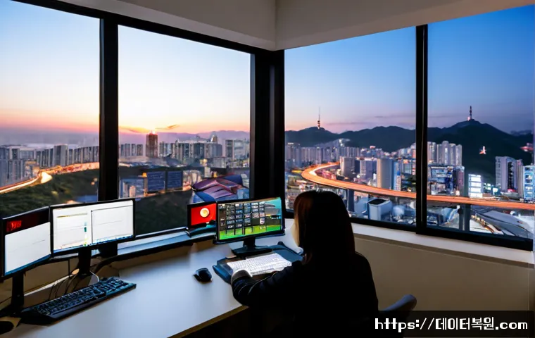 서강동 STATUS_NETWORK_ACCESS_DENIED - Photorealistic remote-support workstation in a compact Sogang-dong office, IT specialist viewing a l...