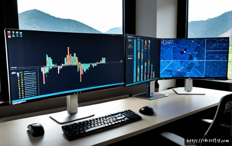 산황동 ATTEMPTED_EXECUTE_OF_NOEXECUTE_MEMORY - Photorealistic cybersecurity analyst workstation in a compact Korean office, dual monitors showing a...
