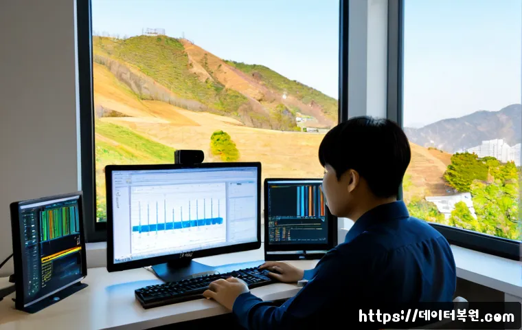 관악구 STATUS_DATATYPE_MISALIGNMENT - Photorealistic IT support workstation in a compact Gwanak-gu office, dual monitors showing abstract ...