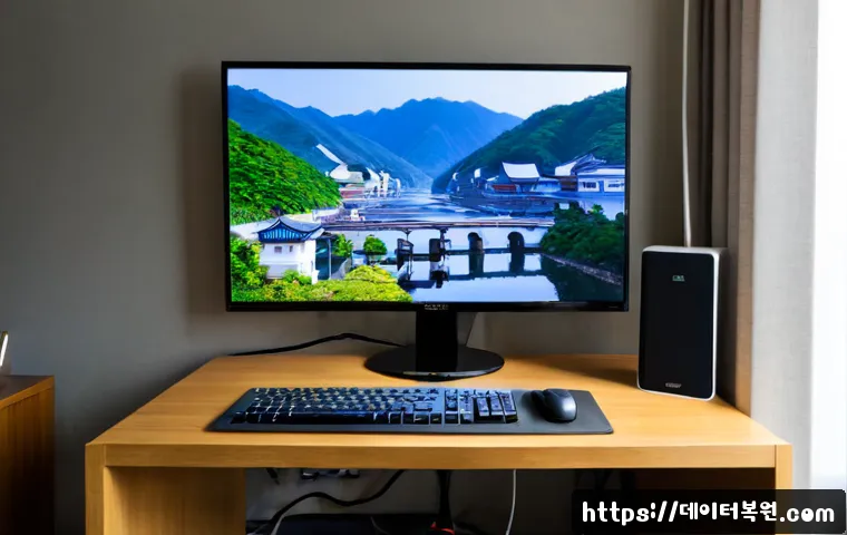 흥도동 모니터화면 안나옴 - Photorealistic home office in Heungdo-dong, a desktop monitor showing a completely black screen whil...