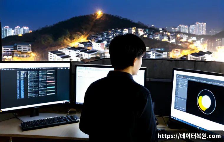 약수동 STATUS_SYSTEM_FILE_MISSING - Photorealistic IT support workstation in a compact hillside apartment office, dual monitors showing ...