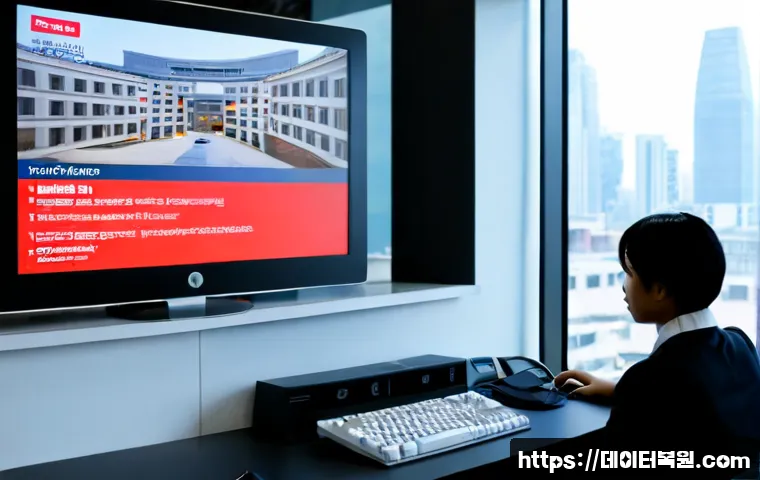 상암동 SYSTEM_LICENSE_VIOLATION - Photorealistic digital design workstation in Sangam’s media district, dual monitors showing a comple...