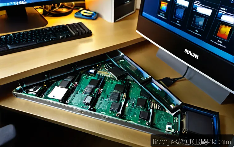 보문동 FAT_FILE_SYSTEM - Photorealistic computer repair workstation in a compact Bogmun-dong style office, technician careful...