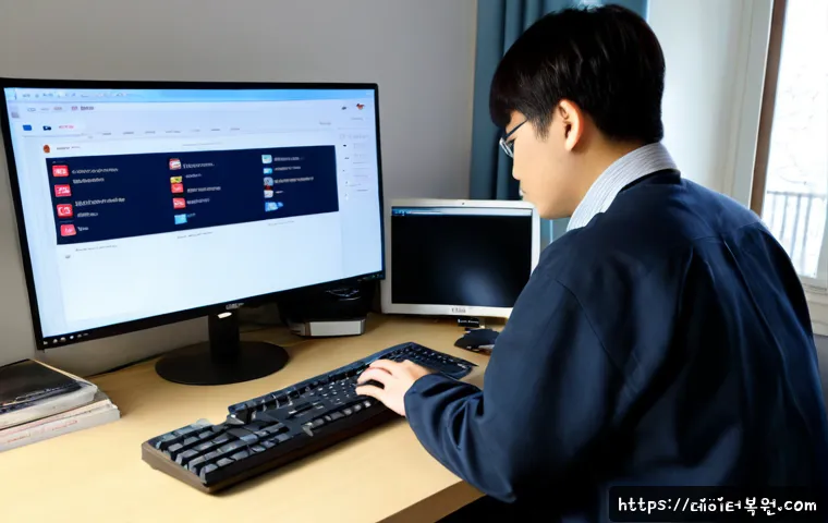 하계동 STATUS_DISK_CORRUPTION - Photorealistic remote-support workstation in a compact apartment office, dual monitors showing a bla...