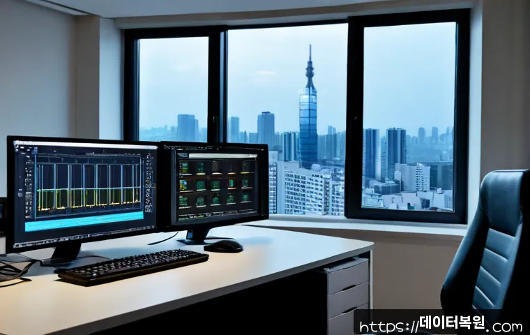 월곡동 HARDWARE_INTERRUPT_STORM - Photorealistic IT support workstation in Wolgok-dong, desktop tower opened beside dual monitors show...