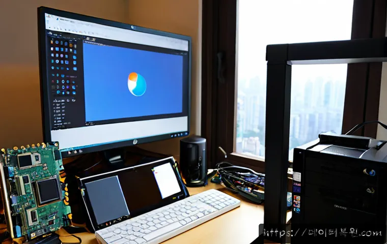 전농동 컴퓨터 desktop 출장방문수리점 - Photorealistic desktop computer repair visit in a compact Jeonnong-dong apartment workspace, skilled...