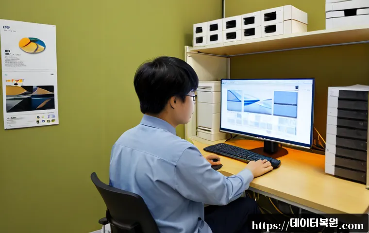 충무로 DRIVER_POWER_STATE_FAILURE - Photorealistic product workstation in a compact Chungmuro print-design studio, desktop monitor froze...