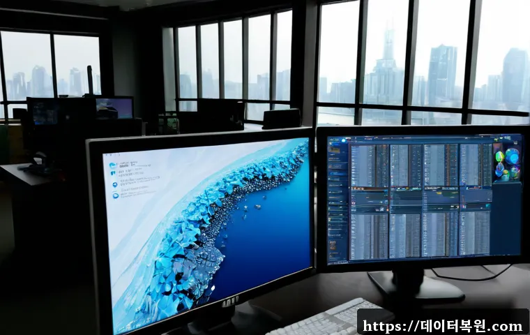 여의도 STATUS_STACK_UNDERFLOW - Photorealistic software support workstation in a high-rise Yeouido office, dual monitors showing a c...