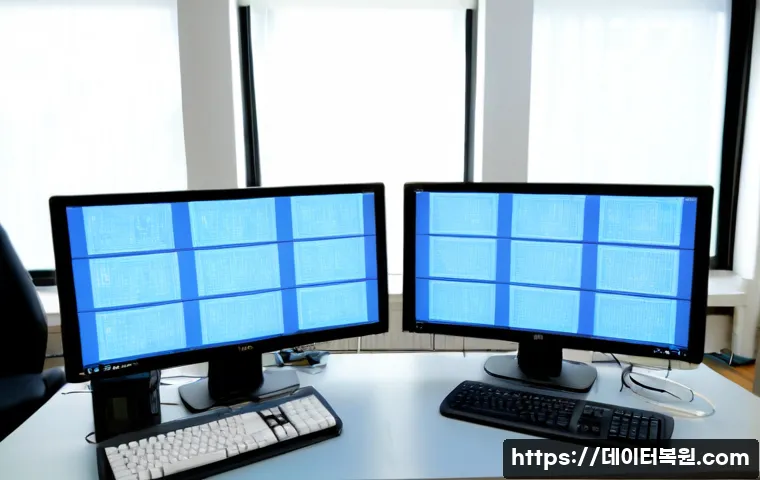 내자동 PFN_LIST_CORRUPT - Photorealistic IT support workstation in a quiet historic central Seoul office district, dual monito...