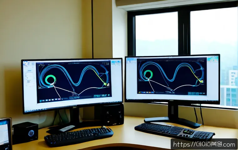 연희동 STATUS_NETWORK_ACCESS_DENIED - Photorealistic IT support workstation in a quiet Yeonhui-dong apartment office, dual monitors showin...