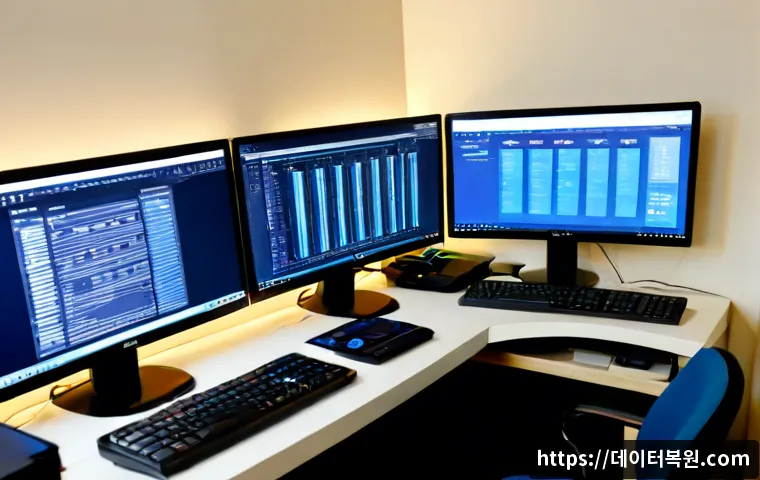 신당동 STATUS_KERNEL_CONFIGURATION_ERROR - Photorealistic IT support workstation in a compact Sindang-dong apartment office, dual monitors show...