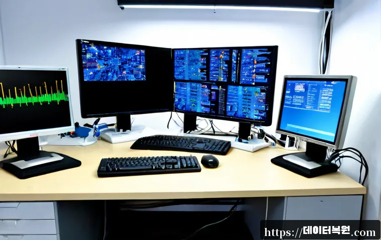 공릉동 KERNEL_MODE_HEAP_CORRUPTION - Photorealistic computer repair workstation in a compact Gongneung-dong office, dual monitors showing...
