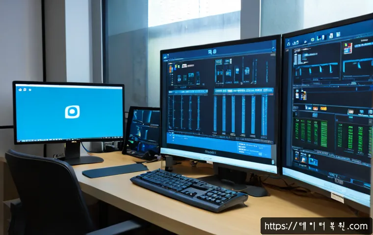 남대문 DRIVER_PORTION_MUST_BE_NONPAGED - Photorealistic IT support workstation inside a compact Namdaemun market office, dual monitors showin...