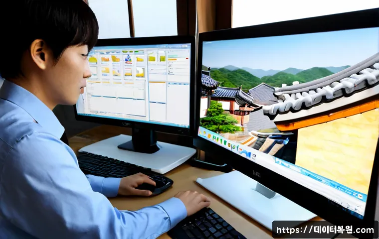 소격동 STATUS_NO_MEMORY - Photorealistic software support specialist at a minimalist desktop workstation, dual monitors displa...