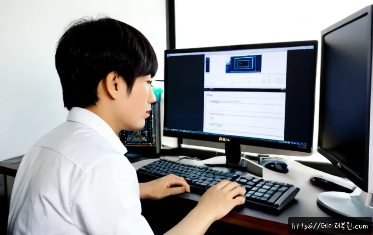 부림동 VIDEO_MEMORY_MANAGEMENT_INTERNAL - Photorealistic PC repair workstation in Burim-dong, a technician studying a dual-monitor CAD-style 3...