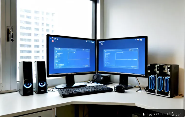 덕이동 UNMOUNTABLE_BOOT_VOLUME - Photorealistic PC repair workstation in a compact Deok-i-dong office, dual monitors with a blank blu...