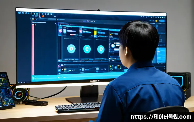홍대 STATUS_KERNEL_REGISTRY_ERROR - Photorealistic IT support workstation in a creative Hongdae-style studio, desktop monitor showing a ...