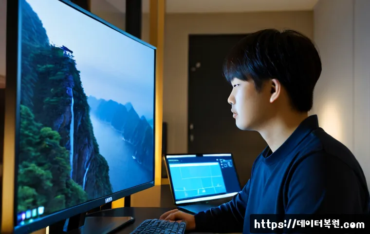 청림동 PAGE_TABLE_CORRUPT - Photorealistic IT support workstation in a compact hillside apartment office, dual monitors showing ...