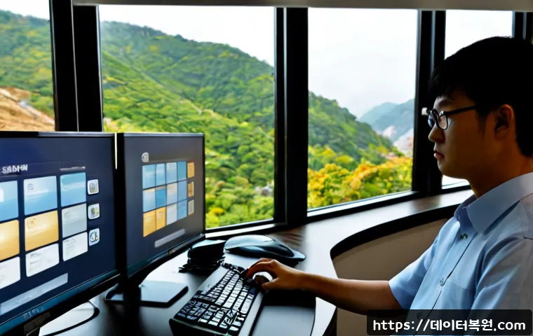 청구동 POOL_HEADER_CORRUPTION - Photorealistic remote IT support workstation in a compact hillside apartment office, dual monitors s...