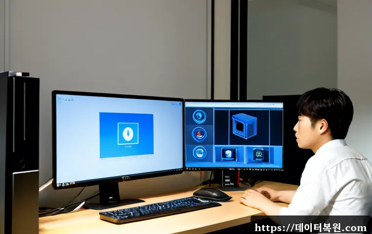 이문동 STATUS_KERNEL_ACCESS_DENIED - Photorealistic IT support workstation in a compact Eimun-dong apartment office, dual monitors showin...