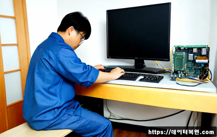목동 HDD조립 및 교체수리 - Photorealistic computer repair bench in a Mokdong apartment office, technician carefully installing ...