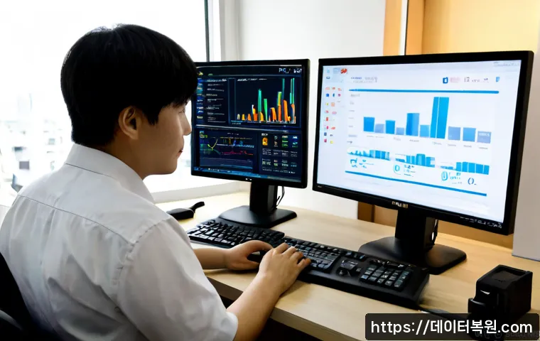 필동 DRIVER_PORTION_MUST_BE_NONPAGED - Photorealistic IT support workstation in a compact Pildong office, dual monitors showing a clean abs...