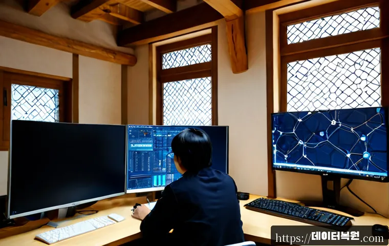익선동 STATUS_DEVICE_OFFLINE - Photorealistic remote-support workstation inside a renovated hanok-inspired office, technician study...