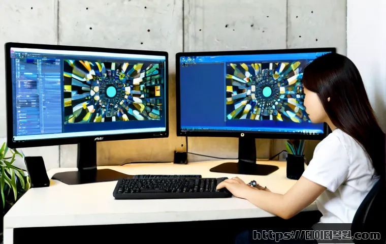 동교동 STATUS_KERNEL_MODULE_CORRUPTION - Photorealistic IT support workstation in a compact Donggyo-dong creative studio, dual monitors showi...