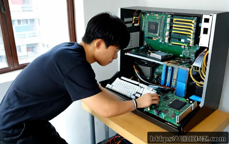 군자동 메모리조립 및 교체수리 - Photorealistic computer repair bench in Gunja-dong, Seoul, technician wearing an anti-static wrist s...