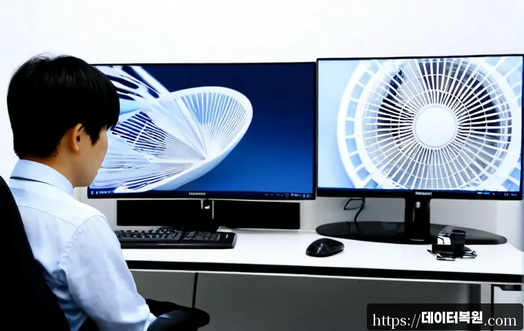 삼성동 팬돌다 멈춤 - Photorealistic Samsung-dong office workstation, a desktop monitor frozen during a detailed 3D produc...
