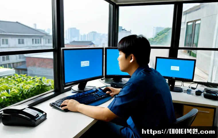 개화동 MACHINE_CHECK_EXCEPTION - Photorealistic IT support workstation in a quiet low-rise Seoul neighborhood office, dual monitors s...
