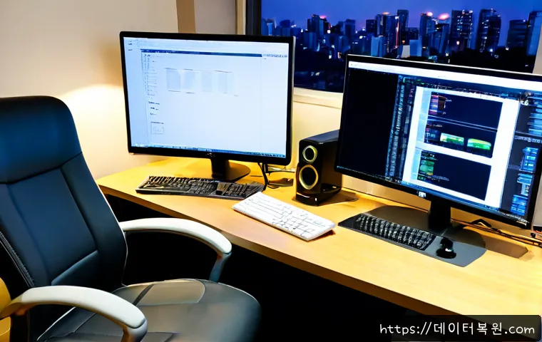 다산동 INACCESSIBLE_BOOT_DEVICE - Photorealistic remote-support workstation in a modern Dasan-dong apartment office, dual monitors sho...